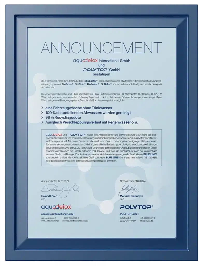 POLYTOP-BLUE LINE Fahrzeugreinigung-Fahrzeugpflege-Hersteller-Zertifikat